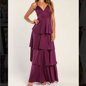 Lulu’s Going With Elegance Plum Purple Satin Tiered Maxi Dress Gown Ruffle